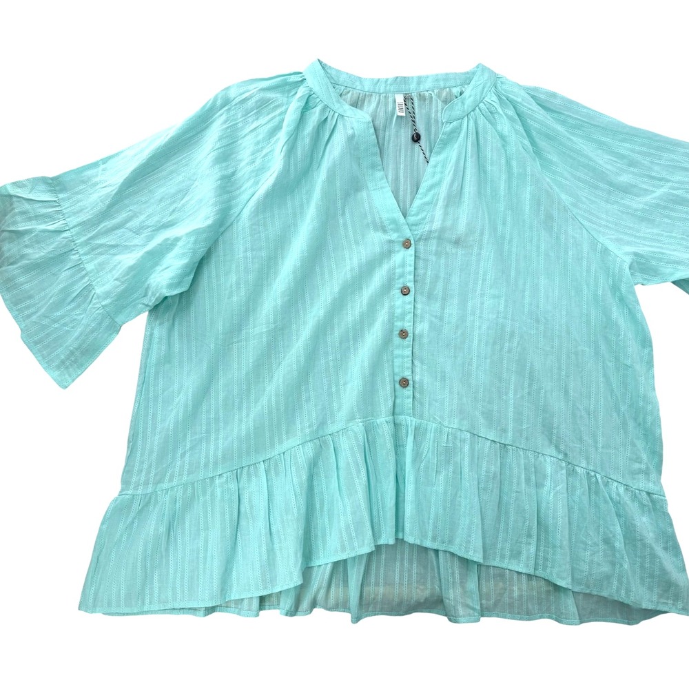 Kaktus Cotton Peplum Top Turquoise Blue Button Front Bell Sleeves Women's 3X NWT - Picture 10 of 13